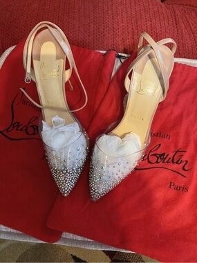 Christian Louboutin Clear Pointed Toe Crystal Slingbacks with Nude Straps